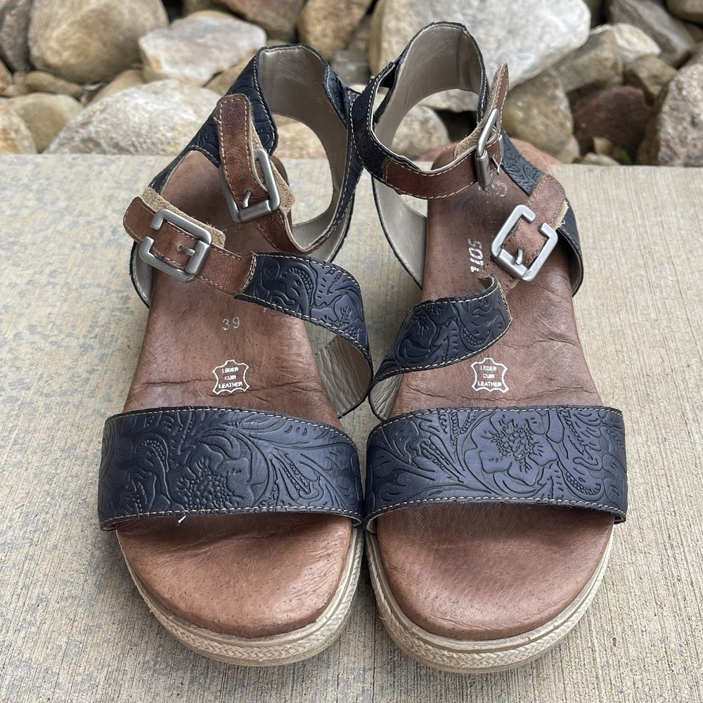Remonte Wedge Sandals Ankle Strap Navy Tan Embossed Size 39 US 8